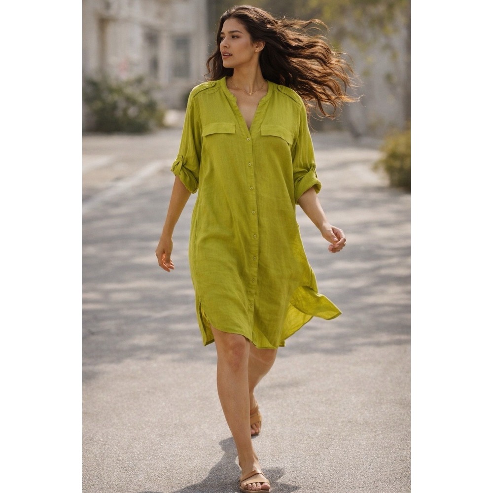 New Elegant Calvin Klein Linen Blend Celery Shift Shirt‎ Dress Women's size 12